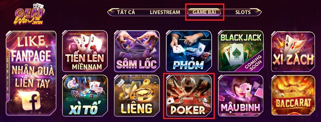 Truy cập game Poker trên giao diện Gemwin